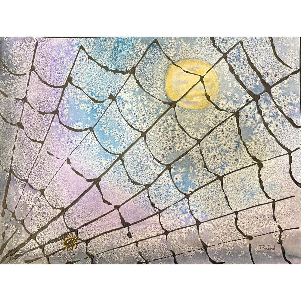 Hand painted watercolor original painting spider web moon